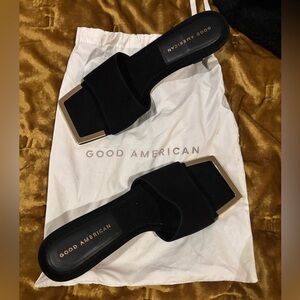Good American Black and Gold Sandals